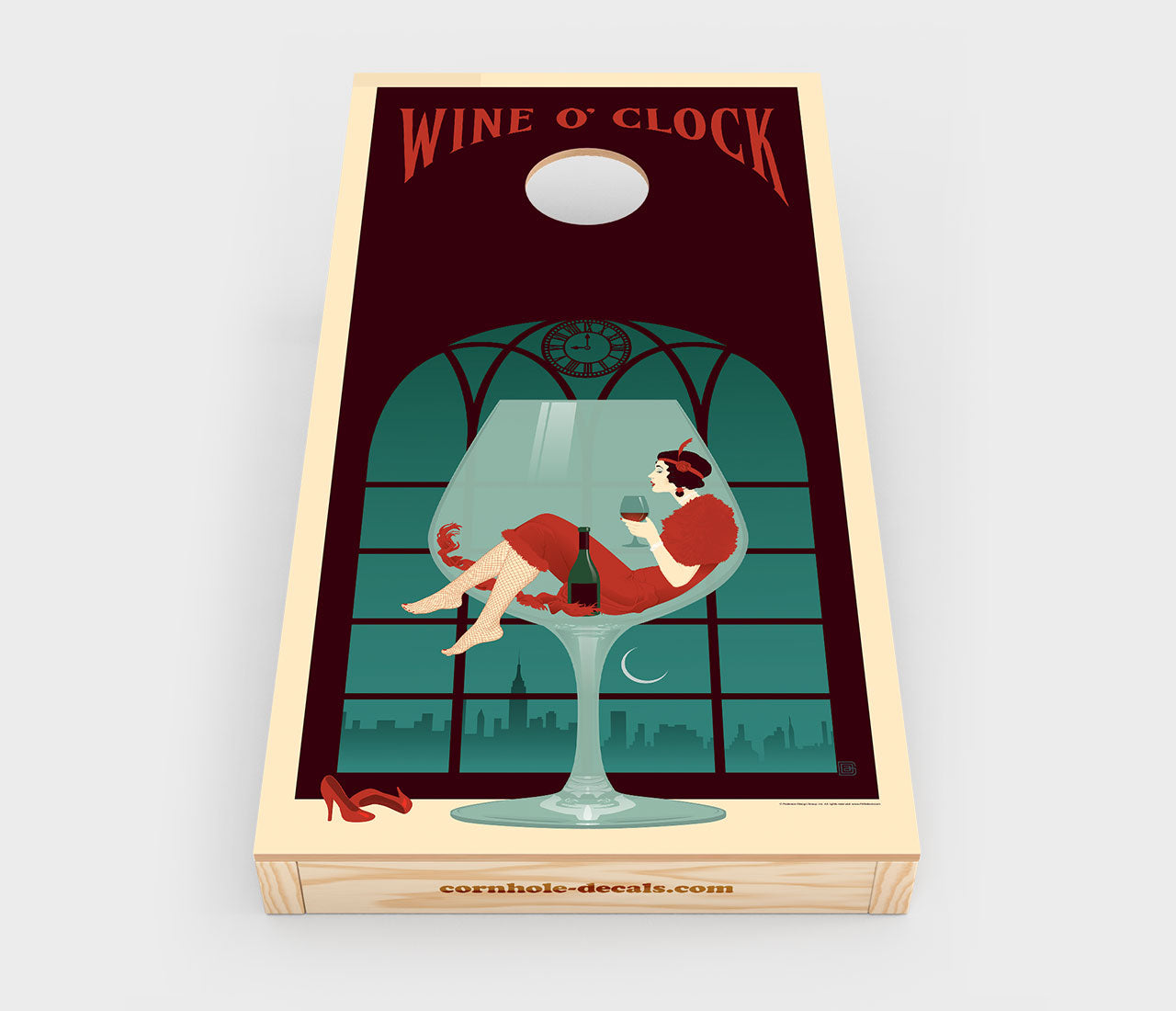 Chuggles Cornhole - Anderson Design Group - Wine O' Clock Cornhole Decals - Straight On View