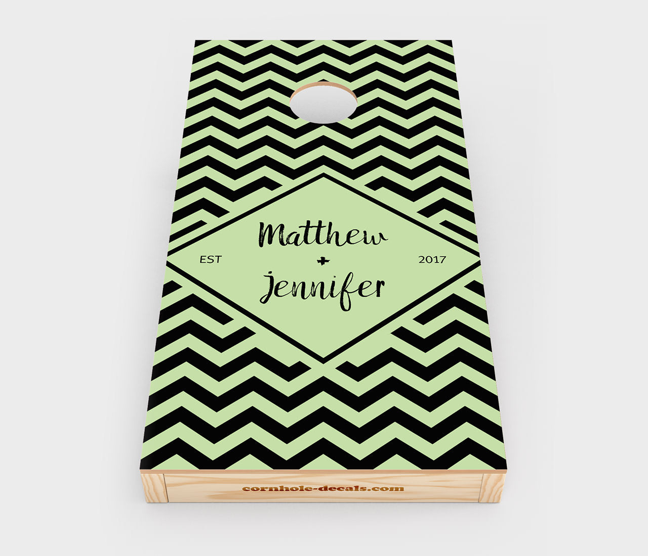 Chevron Wedding Cornhole Wrap Design – Black & Pale Green