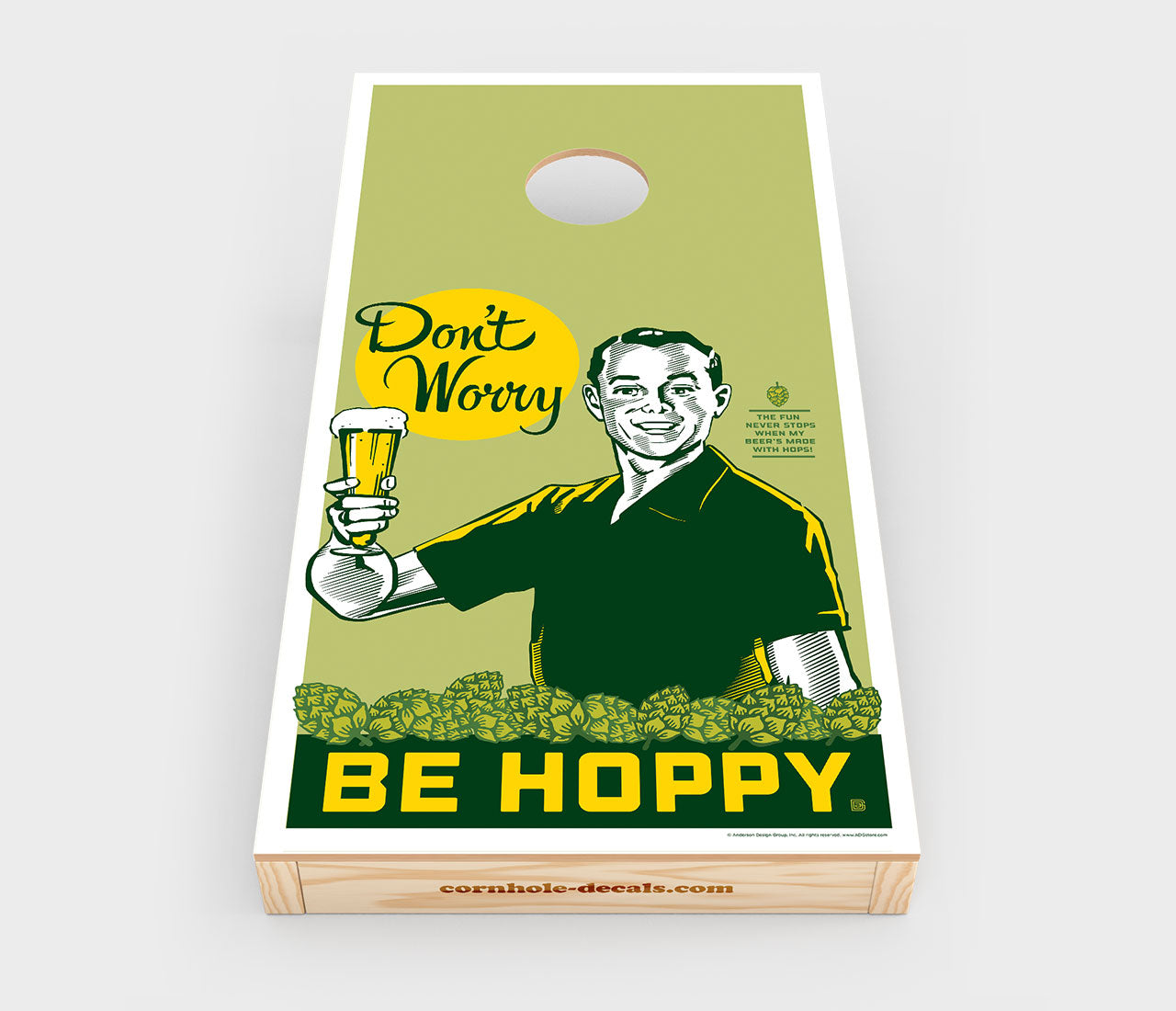 Chuggles Cornhole - Anderson Design Group - Don't Worry. Be Hoppy - Straight On View