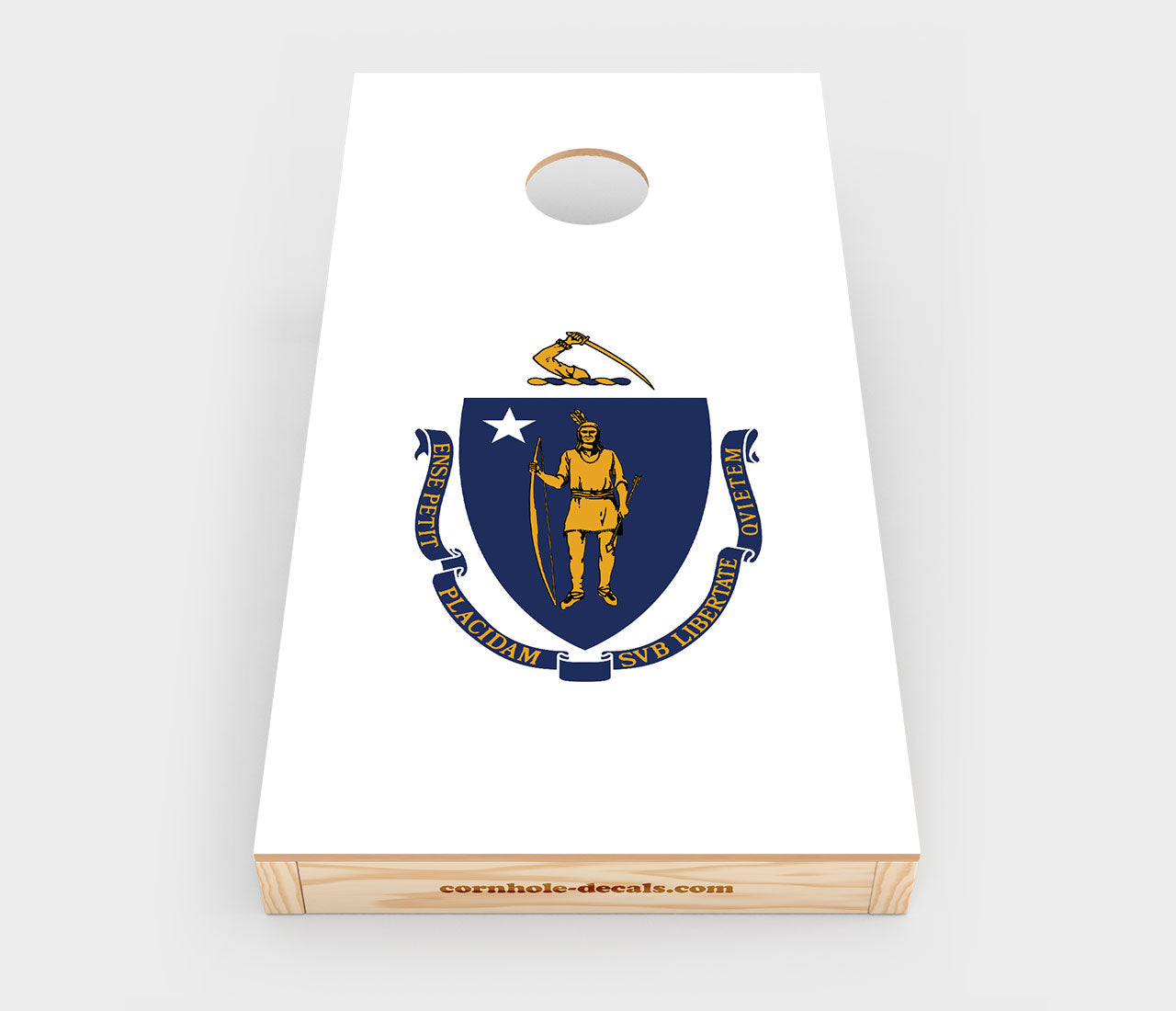 Chuggles Cornhole - Massachusetts State Flag Cornhole Decal - Straight On View