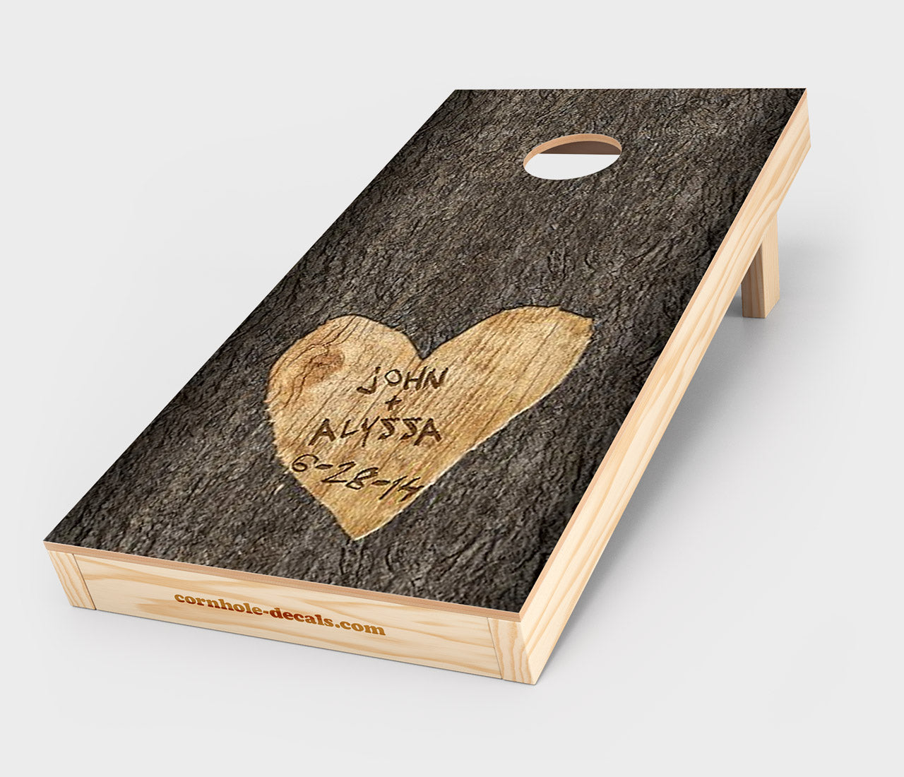 Names Carved in Tree Wedding Cornhole Wrap Design